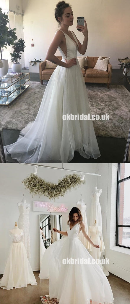 Charming Tulle A-Line Wedding Dress, Cheap Deep V-Neck Backless Bridal Dress, KX924