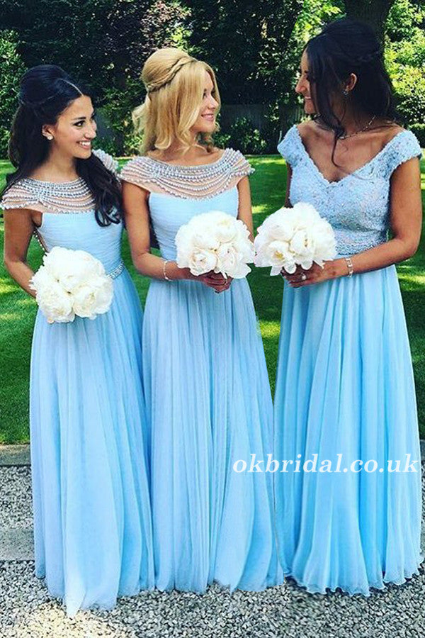 Boat Neckline Beaded Bridesmaid Dress, Chiffon Backless Cap Sleeve Floor-Length Bridesmaid Dress, LB0927