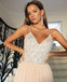 Spaghetti Straps V-Neck Tulle Backless Prom Dress, Sequin Evening Dresses, LB0944