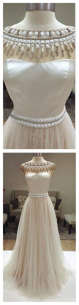 Long Ivory Prom Dresses, Charming Beaded Wedding Dresses, Tulle Prom Dresses, WD0126