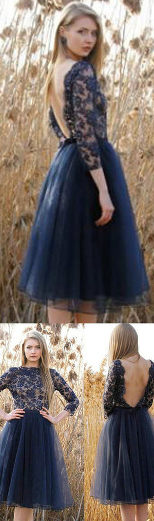 Tulle Navy Blue Prom Dresses, Backless Cocktail Dresses,Long Sleeves Homecoming Dresses,PD0003