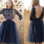 Tulle Navy Blue Prom Dresses, Backless Cocktail Dresses,Long Sleeves Homecoming Dresses,PD0003