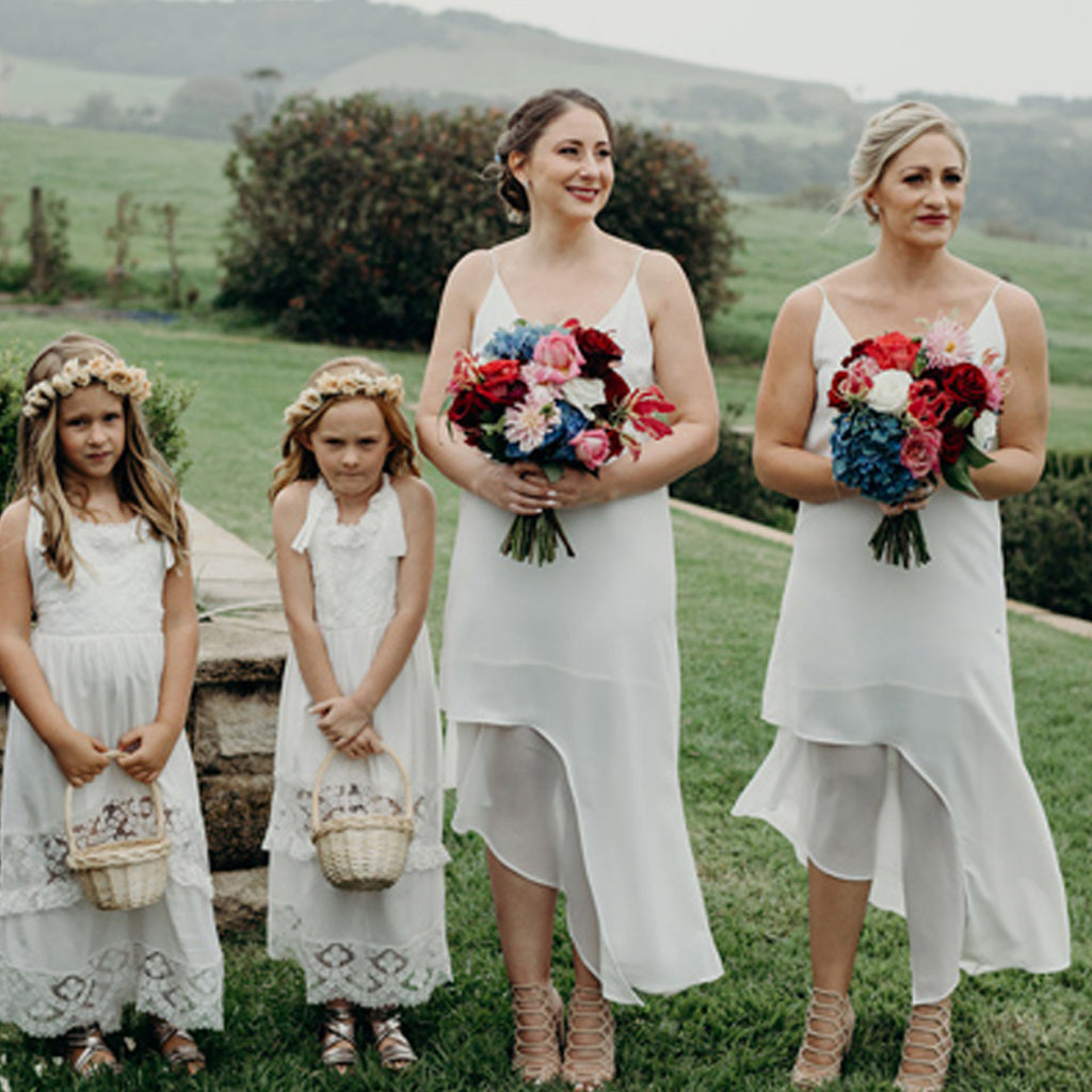 White Spaghetti Straps Chiffon A-Line Backless V-Neck Unique Bridesmaid Dresses, FC1689