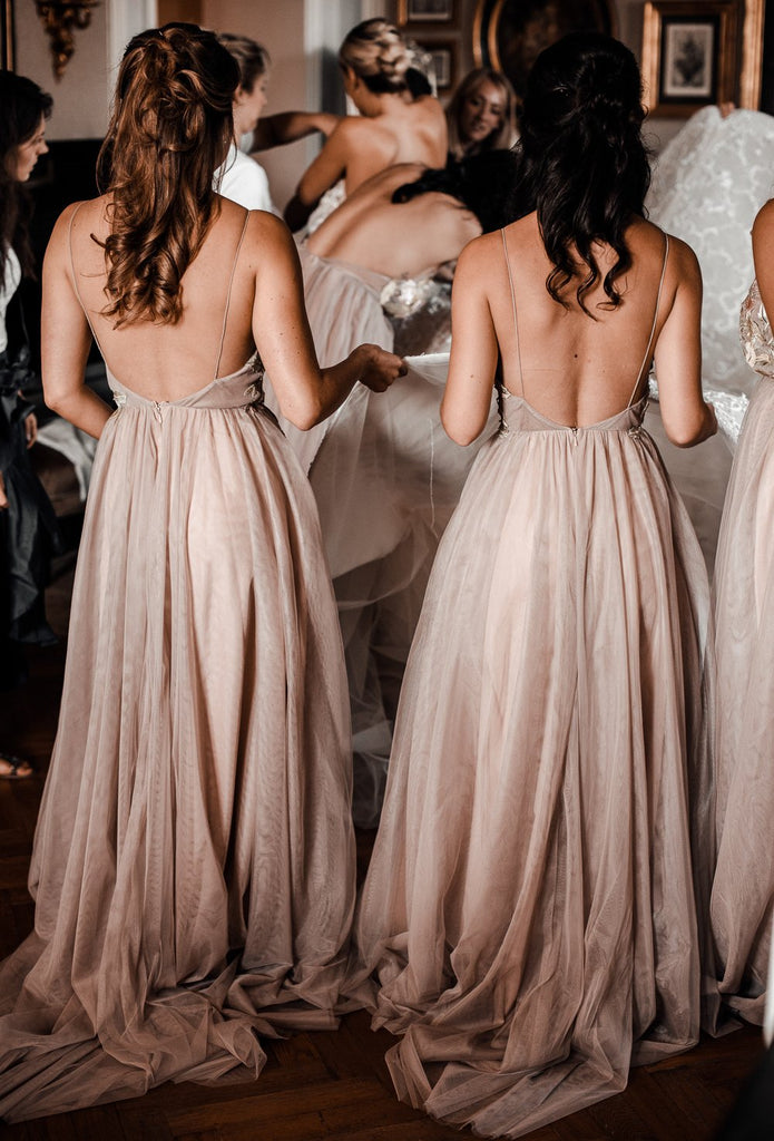 Mismatched Tulle A-Line Backless Applique Elegant Bridesmaid Dress, FC1733
