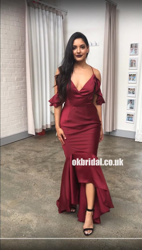 Sexy V-Neck Mermaid Bridesmaid Dress, Spaghetti Straps High-Low Bridesmaid Dress, KX1352