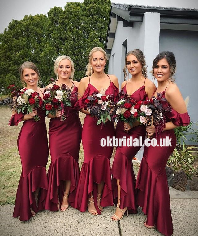 Sexy V-Neck Mermaid Bridesmaid Dress, Spaghetti Straps High-Low Bridesmaid Dress, KX1352