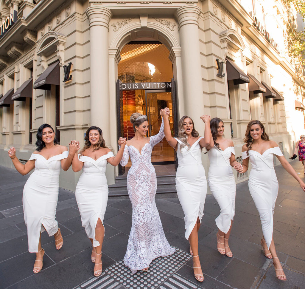 White Short Tea-Length Bridesmaid Dress, Off Shoulder Slit Backless Bridesmaid Dress, KX1369