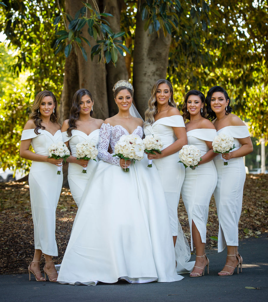 White Short Tea-Length Bridesmaid Dress, Off Shoulder Slit Backless Bridesmaid Dress, KX1369