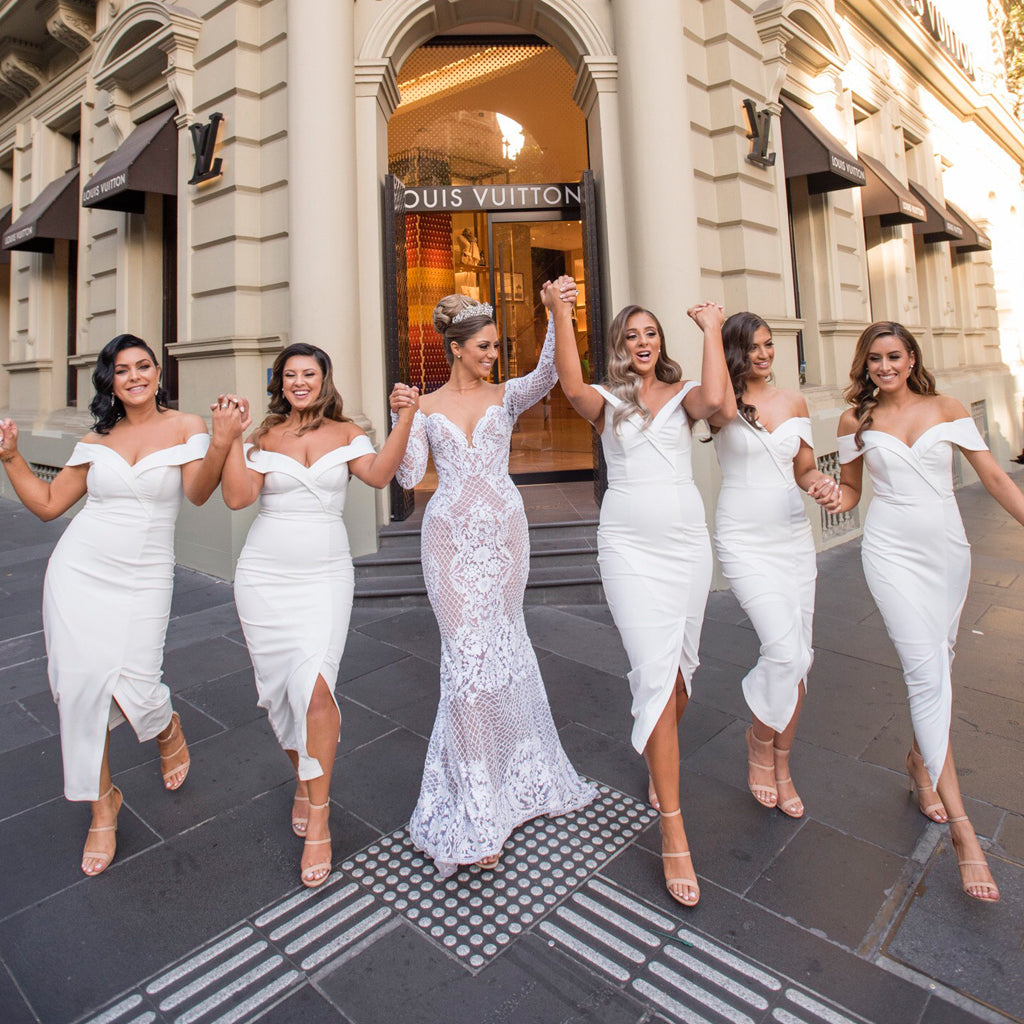 White Short Tea-Length Bridesmaid Dress, Off Shoulder Slit Backless Bridesmaid Dress, KX1369