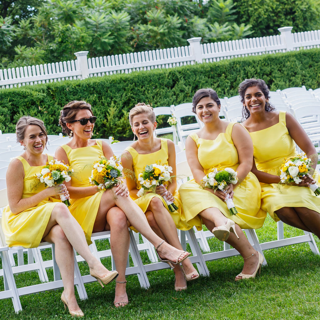 Short Yellow Knee-Length Bridesmaid Dress, Sleeveless Satin Backless Bridesmaid Dress, KX1393