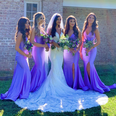 Spaghetti Straps Mermaid V-neck Backless Sexy Slit Bridesmaid Dress, FC6210