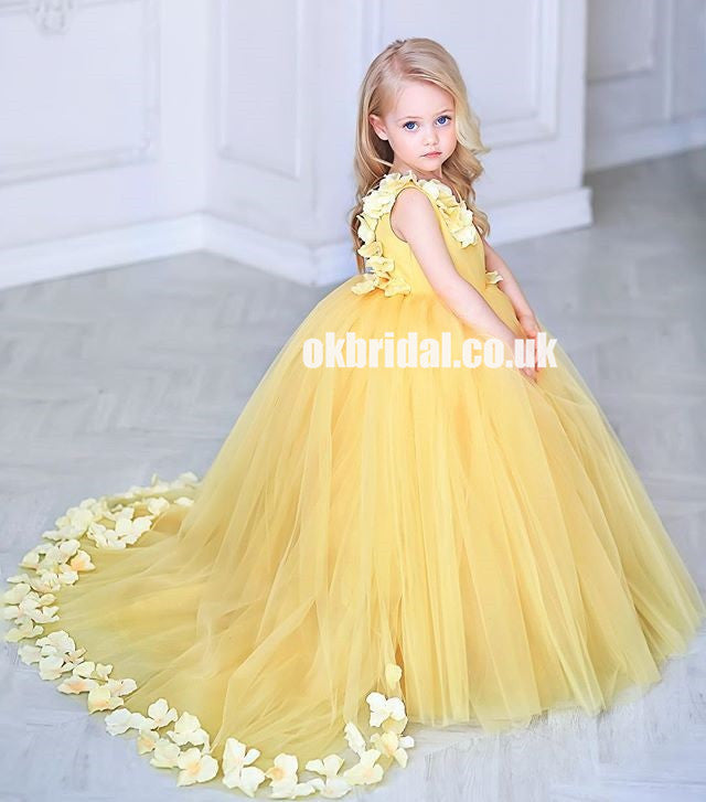 Adorable Yellow Tulle Flower Girl Dresses, Applique Little Girl Ball Gown, KX1300