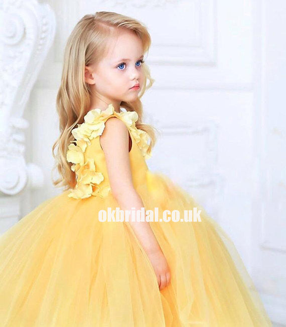 Adorable Yellow Tulle Flower Girl Dresses, Applique Little Girl Ball Gown, KX1300