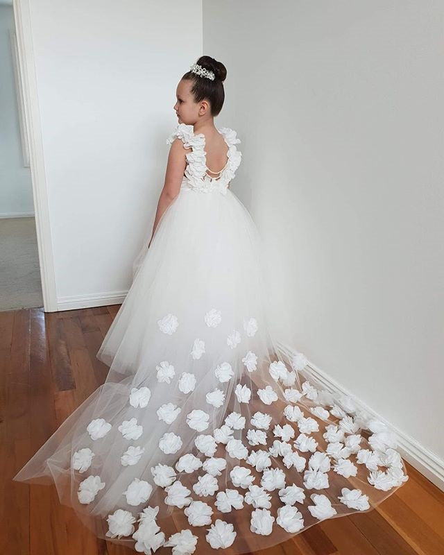 Tulle A-Line Backless Applique Flower Girl Dresses, Popular Little Girl Dresses, FC1881