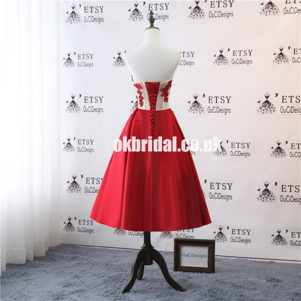 Red Satin Tea-Length Homecoming Dress, Applique Backless Homecoming Dress, KX1306