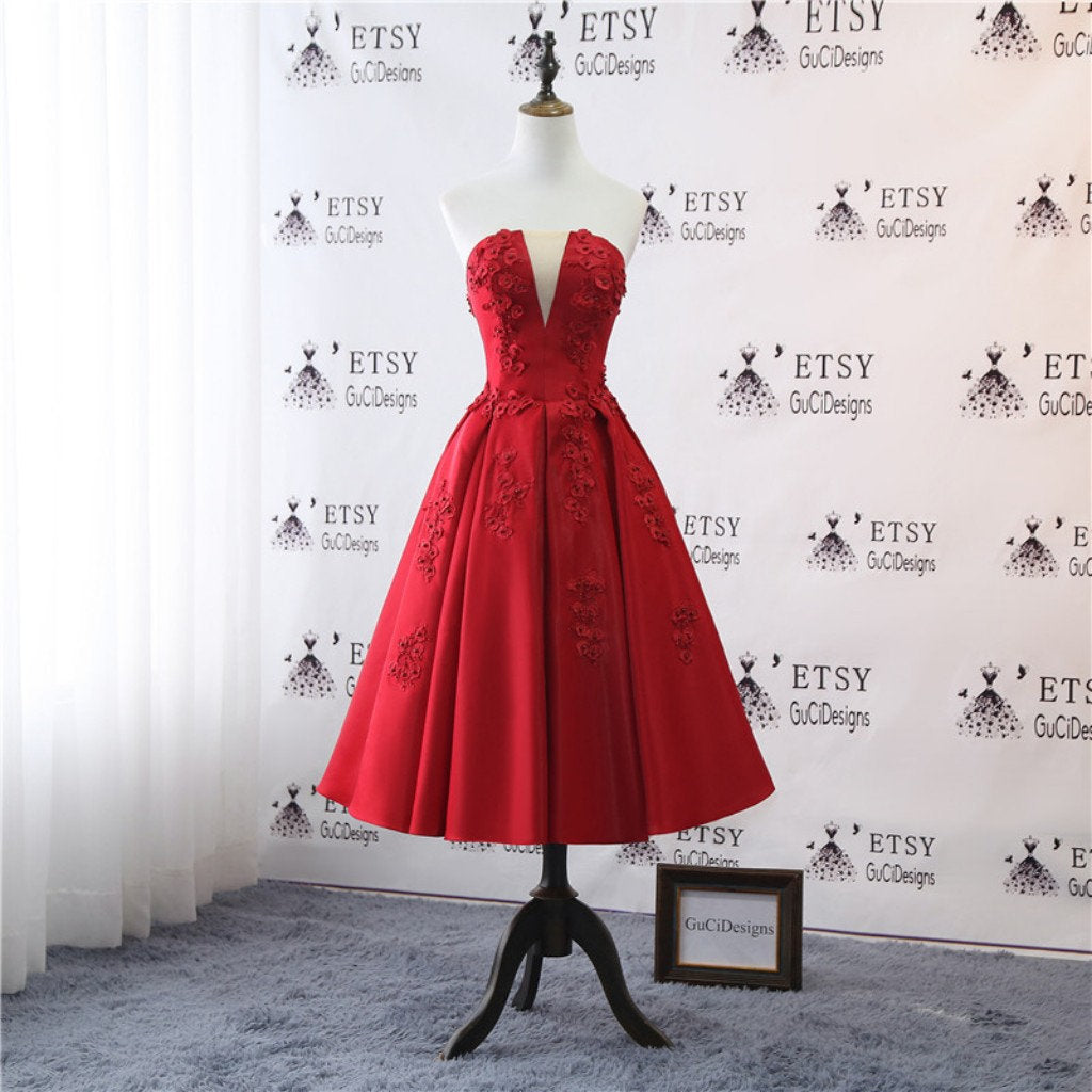 Red Satin Tea-Length Homecoming Dress, Applique Backless Homecoming Dress, KX1306