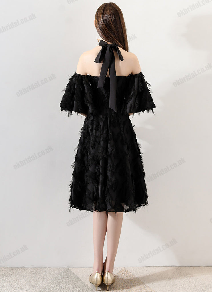 Black Off Shoulder Homecoming Dresses, Lace Backless Short Sleeve Homecoming Dresses, KX1505