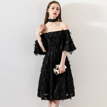Black Off Shoulder Homecoming Dresses, Lace Backless Short Sleeve Homecoming Dresses, KX1505