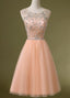 Peach Tulle Beaded Short Cute homecoming prom dresses, CM0031