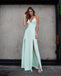 Simple A-line Slit Mint Green Jersey V-neck Backless Prom Dresses, FC1565