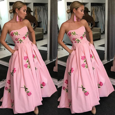 Pink A-Line Backless Applique High-Low Jersey Prom Dresses, FC1812