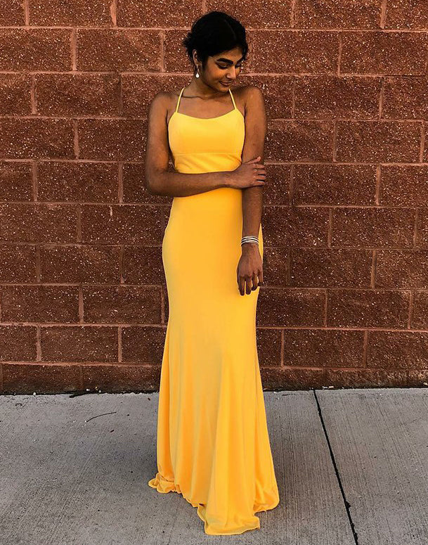 Bright Yellow Jersey Backless Sheath Simple Prom Dresses, FC1851