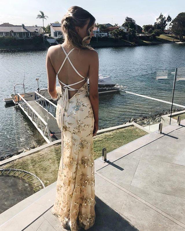 Gold Sequin Mermaid Backless V-Neck Prom Dresses, FC1938