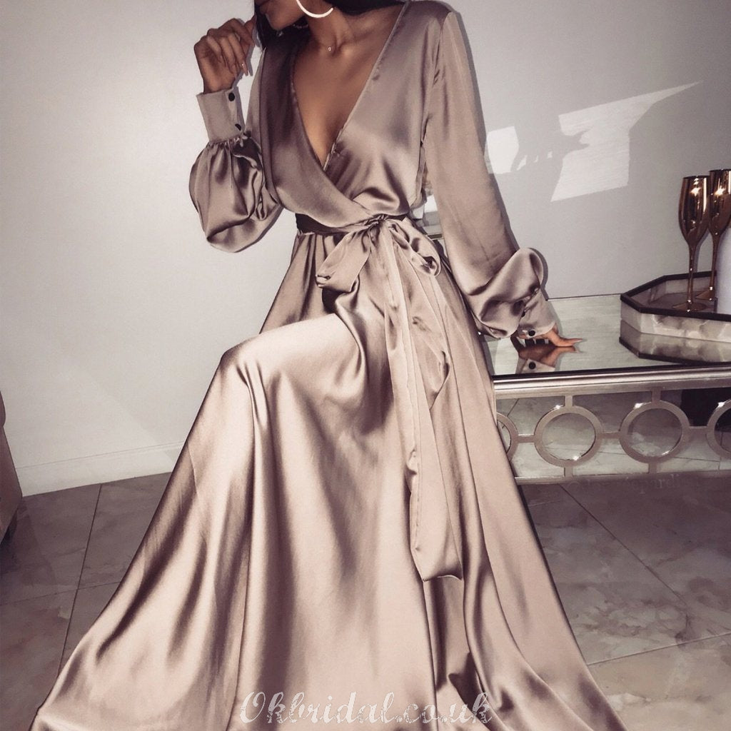 Charming A-line Long Sleeve Deep V-neck Long Prom Dress, FC2182