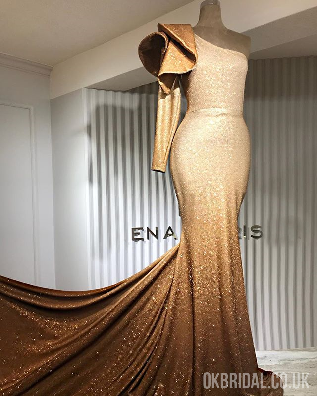 Gradual Sequin One Shoulder Long Sleeve Mermaid Prom Dresses, FC2203