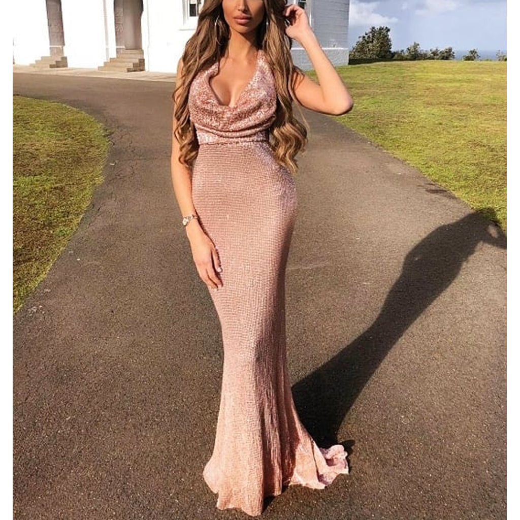 Sparkly Sequin Mermaid Halter Backless Sexy Prom Dresses, FC2278