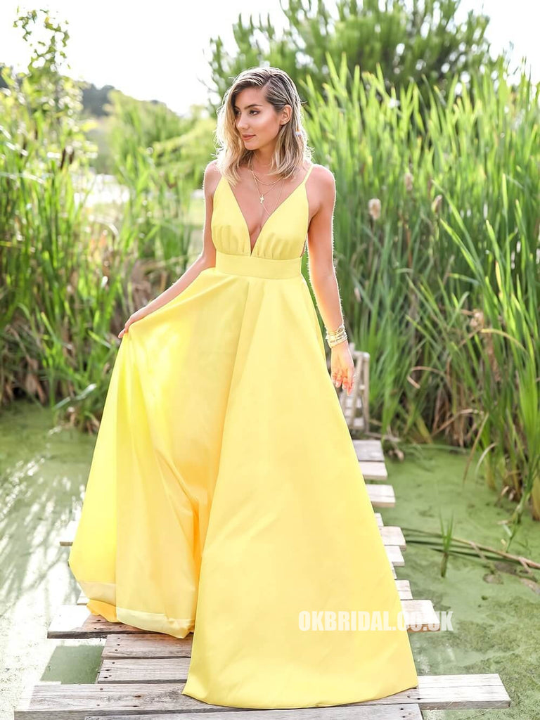 Yellow Spaghetti Straps A-line Deep V-neck Backless Satin Long Prom Dresses, FC2299