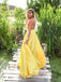 Yellow Spaghetti Straps A-line Deep V-neck Backless Satin Long Prom Dresses, FC2299