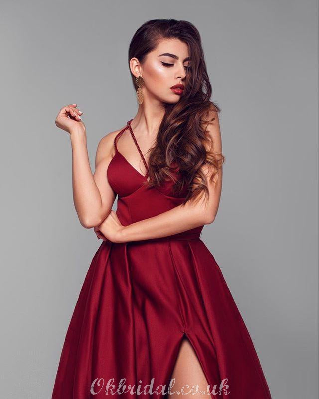 Elegant A-line Satin Backless Sexy Slit Long Prom Dress, FC2541