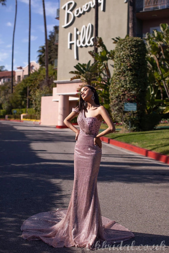 Charming One Shoulder Mermaid Sequin Backless Sparly Prom Dress, FC3834