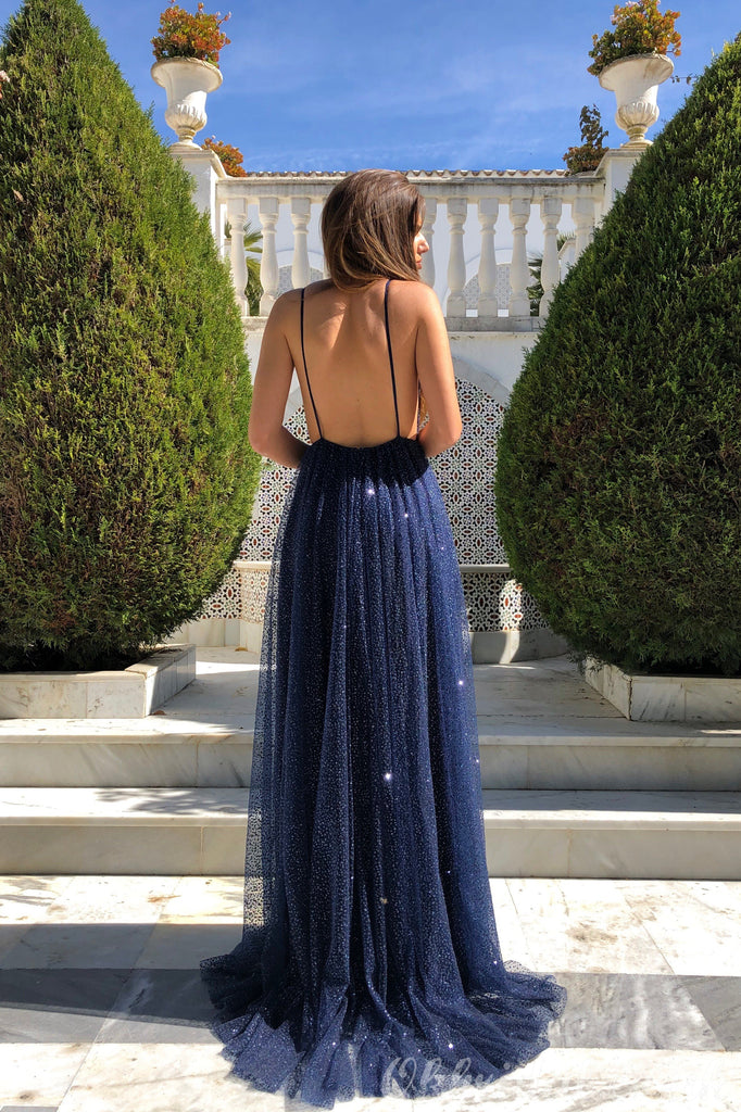 Navy A-line Sparkly Deep V-neck Backless Tulle Charming Prom Dress, FC2550