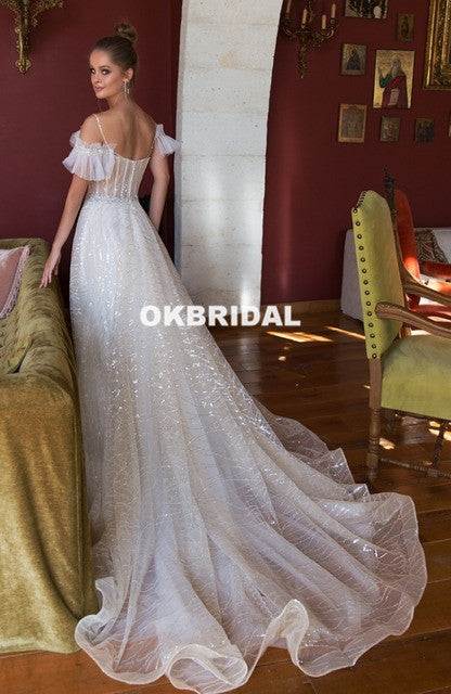 Vintage Sequin A-Line Beaded Sparkle Backless Tulle Long Wedding Dresses, KX968