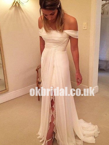 Simple Off Shoulder Chiffon Sheath Long Backless Slit Wedding Dresses, KX1131