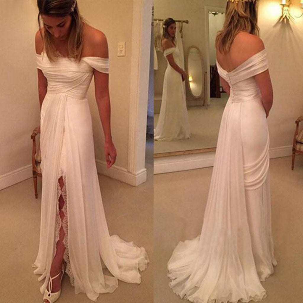 Simple Off Shoulder Chiffon Sheath Long Backless Slit Wedding Dresses, KX1131