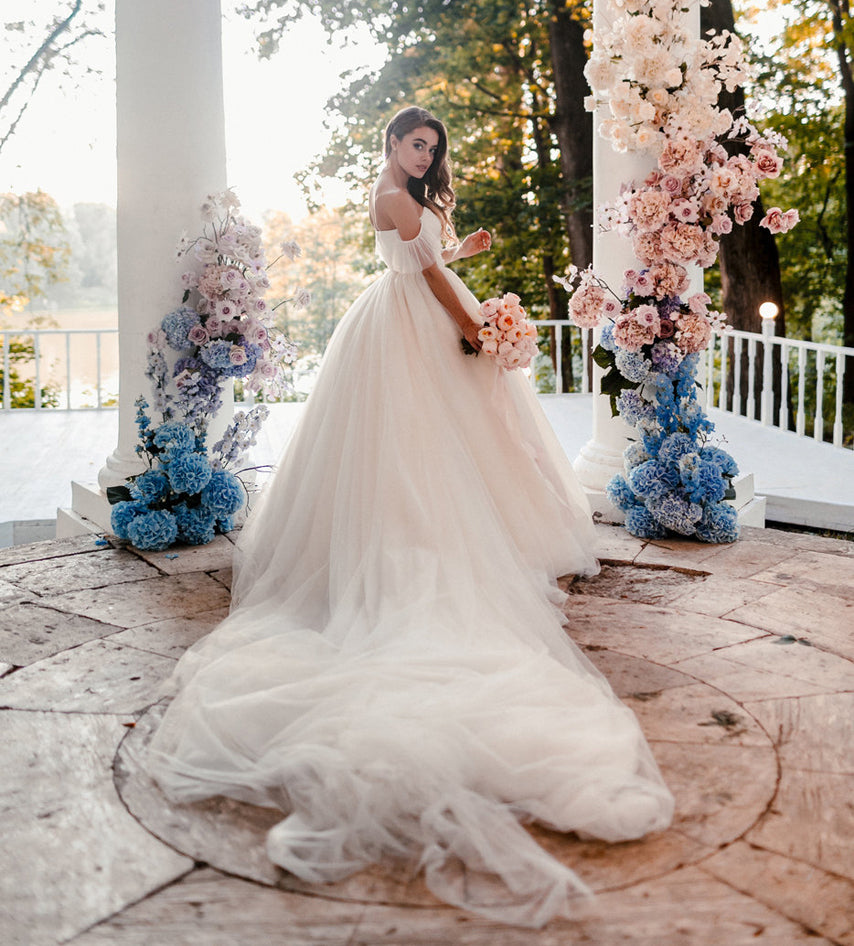 Honest Off Shoulder A-Line Wedding Dress, Tulle Backless Long White Wedding Dress,  KX1326