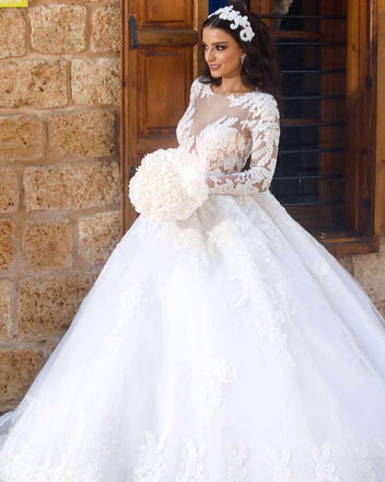 Luxury Lace White A-Line Wedding Dress, Charming Long Sleeve Tulle Wedding Dress, KX1627