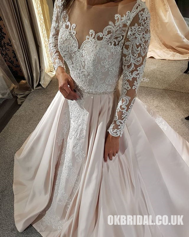 Charming Long Sleeveless Lace A-line Satin Backless Beaded Long Wedding Dress, FC1961