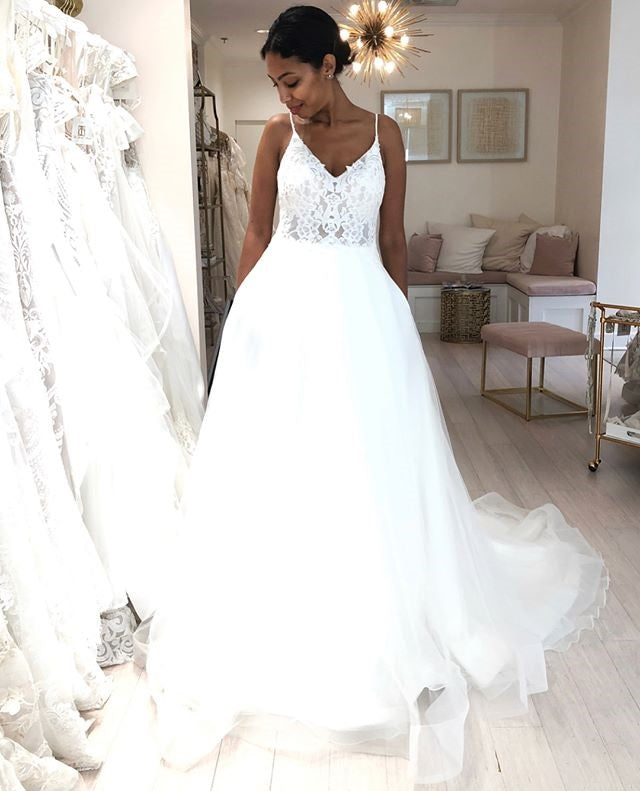 Spaghetti Straps Lace Top Organza Wedding Dresses, Tulle A-Line V-Neck Wedding Dresses, FC676