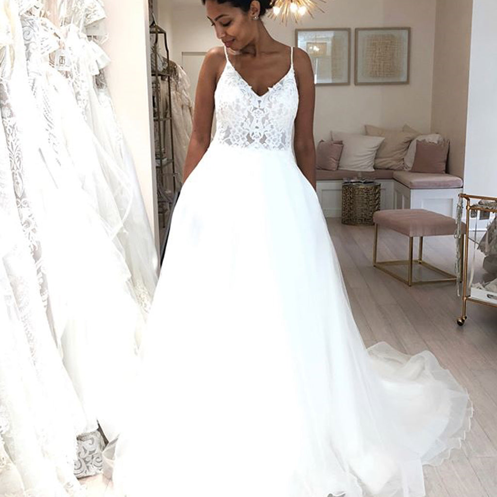 Spaghetti Straps Lace Top Organza Wedding Dresses, Tulle A-Line V-Neck Wedding Dresses, FC676