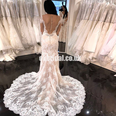 Long Mermaid Lace Wedding Dress, Long Sleeve Applique Wedding Dress, LB0748