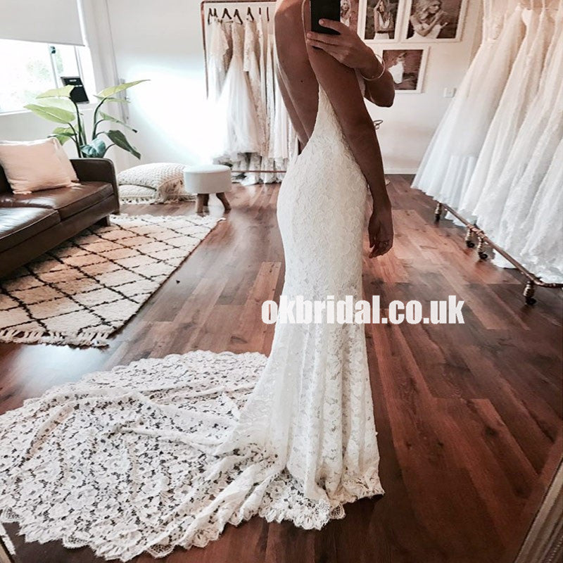 Spaghetti Straps Lace V-Neck Wedding Dress, Sexy Mermaid Slit Backless Wedding Dress, LB0868