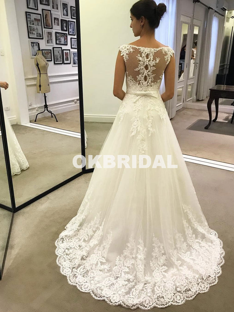 White Honest Lace Wedding Dresses, Charming A-Line Tulle Dresses, KX1051