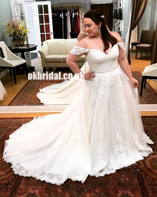 Charming White Lace Off Shoulder Wedding Dress, A-Line Tulle Backless Wedding Dress, KX1274