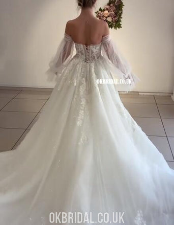 Charming A-line Tulle Backless Long Sleeves Sweetheart Lace Wedding Dresses, FC4455