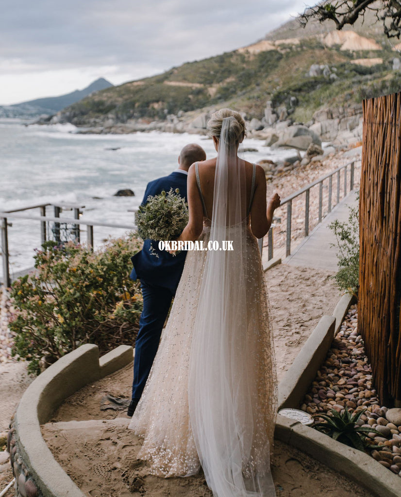 Elegant A-line Lace Backless V-neck Long Wedding Dresses, FC5161