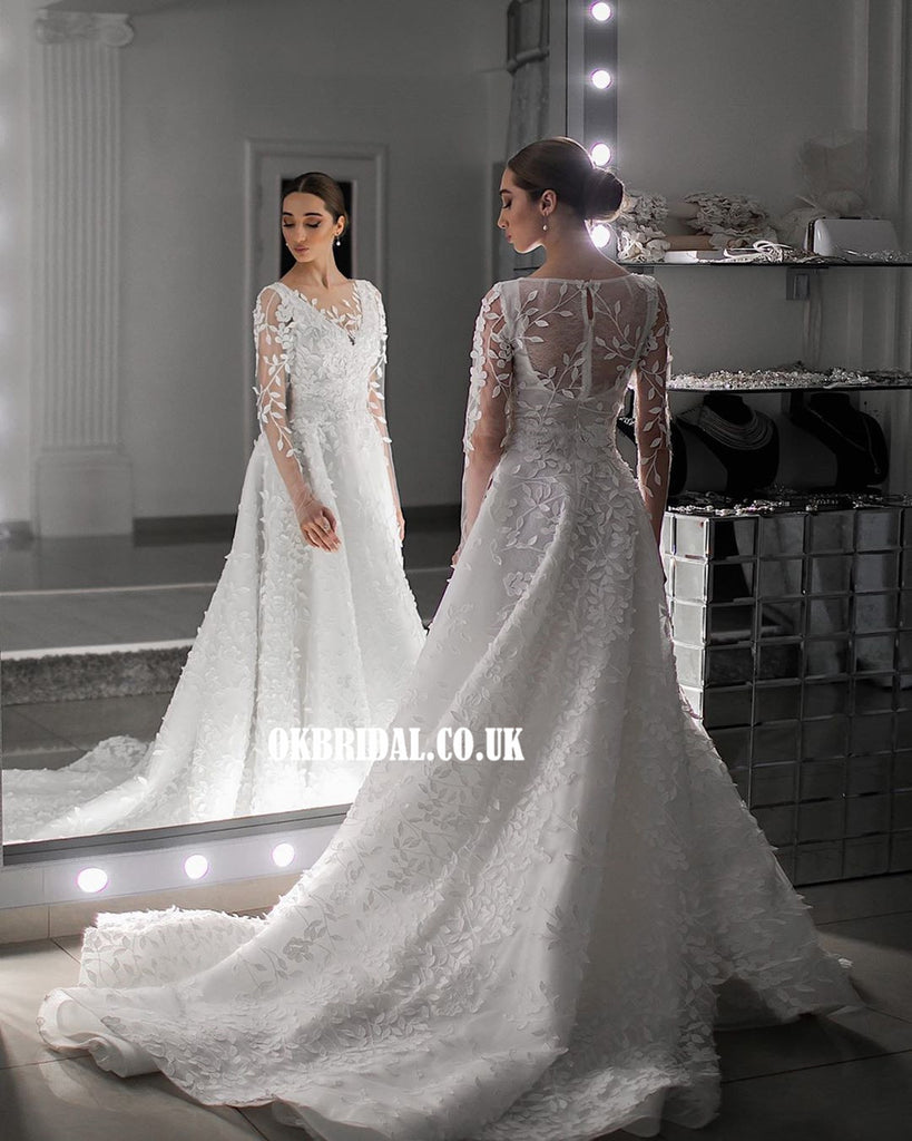 Charming A-line Lace Long Sleeves Wedding Dresses, FC5174